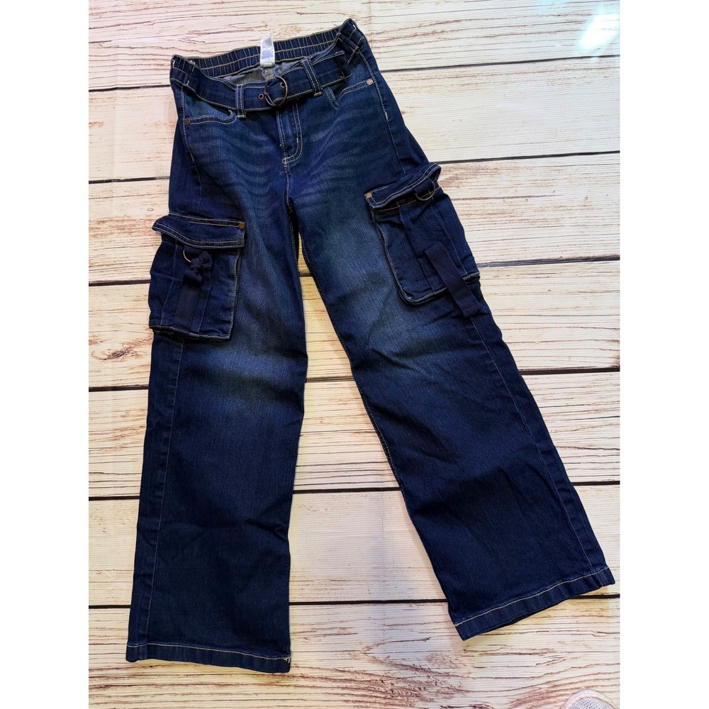 Limited Too Girls Dark Wash Wide Leg‎ Cargo Jeans with Belt Size 12